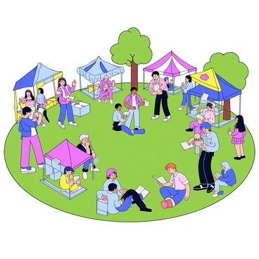A bustling book fair taking place in a green park. Various colorful tents are set up around the park, each displaying different genres of books. People of all ages are browsing through the books, some are flipping through pages while others are deep in conversation. A few children are sitting on the grass, engrossed in their newly picked books. Trees provide shade around the area, creating a lively yet cozy atmosphere. In the background, some individuals are enjoying refreshments from food stalls.