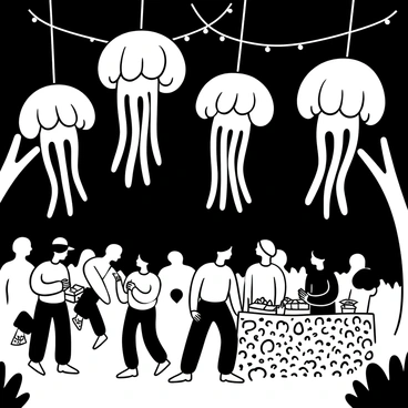 Lanterns shaped like jellyfish hanging from trees, glowing softly in the darkness. The ground is covered with a patterned cloth where people are gathered, enjoying the atmosphere. A table filled with various food items is positioned nearby. In the background, there are silhouettes of other festival-goers engaging in activities and admiring the jellyfish lanterns. Strings of lights crisscross above, enhancing the festive environment.