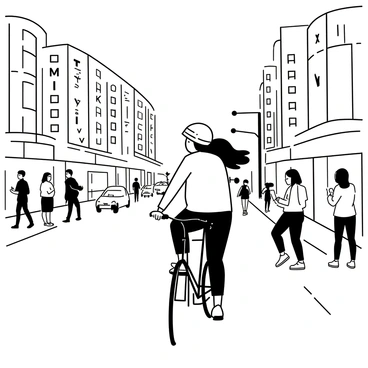 A person riding a bicycle down a busy city street. The cyclist is wearing a helmet and casual clothing, with their hair flowing in the wind. Surrounding them are tall buildings with various windows and advertisements. There are pedestrians walking along the sidewalk, some looking at their phones. A few cars are parked along the street, while others are in motion. Streetlights are visible, and a tree or two can be seen lining the road. The overall atmosphere is lively and energetic, capturing the essence of a city in motion.