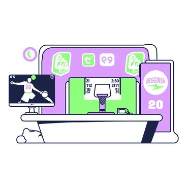 A sports news desk is set up in a modern studio environment. In the foreground, there is a large desk with multiple screens showing highlights from a recent sports event. On the left screen, a video clip of a basketball game plays, showcasing a player making a slam dunk. The second screen displays a scoreboard with team logos and scores. Behind the desk, there are banners featuring the logo of a local business that sponsored the event. A microphone is placed in the center of the desk, and a digital clock is visible in the corner of the scene. The overall atmosphere conveys excitement and anticipation for the sports highlights being presented.