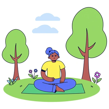 A soft yoga mat in a vibrant green color is placed on the grass in a park. A person is sitting cross-legged on the mat, wearing comfortable athletic clothing. The individual has their eyes closed and hands resting on their knees, with a calm expression. Surrounding them are tall trees with lush foliage and a clear blue sky above. In the background, a few colorful wildflowers are scattered, and a gentle breeze rustles the leaves.