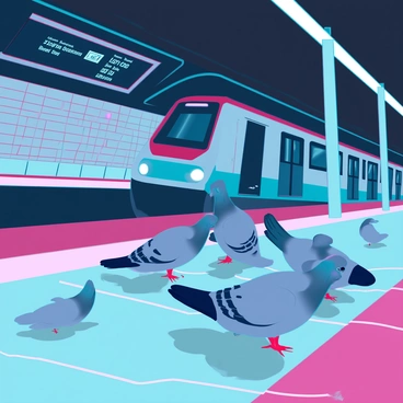 A group of gray pigeons with iridescent necks is pecking at small crumbs scattered on a subway platform. The pigeons are in various poses, some hunched over the crumbs while others are looking around with alert expressions. The platform is lined with metallic poles and features tiled walls that display a digital train schedule. In the background, a sleek subway train can be seen approaching, its headlights illuminating the scene as it enters the station. Bright overhead lights reflect off the tiled surface, adding a stark contrast to the darker areas of the platform.