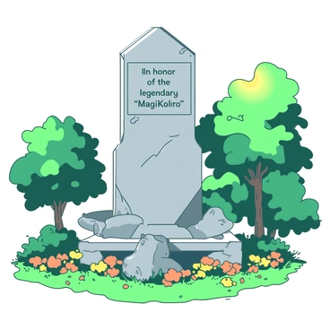 A large stone monument shaped like a Magikarp stands majestically in a lush green park. The monument is intricately carved with detailed scales and fins, resembling the features of the real fish. Surrounding the base of the monument are vibrant flowers in shades of yellow and orange, creating a beautiful contrast against the grey stone. At the top of the monument, there is an engraved plaque that reads, "In honor of the legendary Magikarp," framed by decorative swirls. The sun casts a warm glow on the entire scene, highlighting the monument's impressive stature.