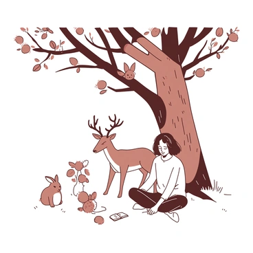 A serene scene features a person sitting in a cross-legged position under a large tree with a thick trunk and expansive branches. The person has their eyes closed, wearing comfortable clothing in neutral tones. Surrounding the person are various animals, including a curious deer standing nearby, a few colorful birds perched on the tree branches, and a fluffy rabbit watching from the grass. The atmosphere is calm, with soft light filtering through the leaves of the tree, illuminating the peaceful gathering.