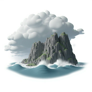 A dramatic scene featuring steep cliffs with rugged surfaces, towering over the turbulent ocean below. The cliffs are dotted with patches of green vegetation and rocks, emphasizing their height and ruggedness. Below, large waves crash violently against the base of the cliffs, sending sprays of water into the air. Above, a cloudy sky filled with various shades of gray looms, with dark clouds swirling, suggesting an impending storm. The overall atmosphere conveys a sense of wild nature and raw power.
