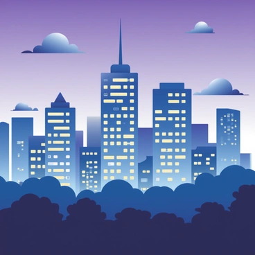 A city skyline is depicted at dusk, showcasing tall buildings in various shades of blue. The buildings are illuminated with numerous twinkling lights, creating a vibrant glow against the darkening sky. The horizon is a gradient of deep purple and soft blue, seamlessly blending into one another. A few clouds are scattered across the sky, reflecting the light from the city. In the foreground, the silhouettes of trees are visible, adding depth to the scene.