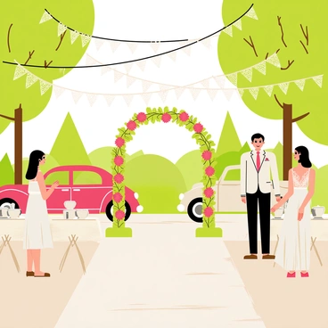 A vintage-themed wedding set in an outdoor garden. The scene features "delicate lace bunting" strung between trees, fluttering gently in the breeze. In the background, there are "two classic cars," one in a deep red color and the other in a soft cream, parked elegantly on the gravel path. Guests are dressed in "vintage-inspired attire," with women wearing "flowy dresses" and men in "pinstripe suits." A beautifully decorated arch adorned with "flowers and greenery" is positioned at the altar, creating a charming focal point. Small tables with "white lace tablecloths" and "vintage dishware" are set up for guests, completing the nostalgic atmosphere of the celebration.
