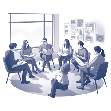 A cozy room filled with soft lighting, where several experienced illustrators are seated in a semicircle. Each illustrator is sharing stories and techniques while holding sketchbooks and drawing tools. The audience, a small group of eager listeners, is engaged and taking notes. Some are leaning forward in their seats, captivated by the discussions. The walls of the room are adorned with various illustrations and sketches, showcasing a range of styles and techniques. A large window lets in warm light from outside, creating an inviting atmosphere.