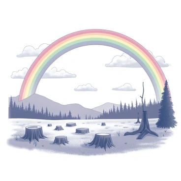 A rainbow arching across a sky filled with clouds. Below, a deforested area is visible, with stumps and scattered branches on the ground. The landscape is devoid of trees, showcasing the bare earth and patches of dry grass. In the background, distant hills rise against the horizon. The rainbow, vibrant and vivid, acts as a focal point in the composition, contrasting with the starkness of the deforested land.