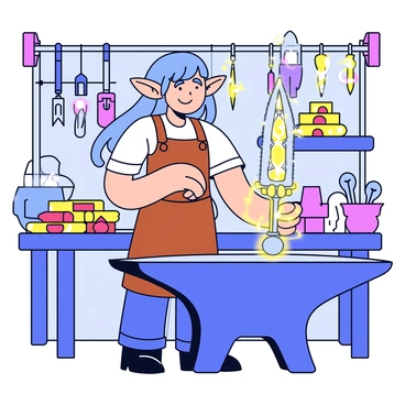 An elf blacksmith with pointed ears and long, flowing hair is standing at a sturdy anvil. The elf is wearing a leather apron and has a focused expression while working. In the elf's hands is a glowing magical sword, with intricate designs along the blade. The workshop is filled with various tools, including hammers, tongs, and chisels, hanging on the walls. There are stacks of metal ingots and glowing gemstones on a wooden workbench nearby. Soft, warm light is illuminating the space, highlighting the elf's craftsmanship.