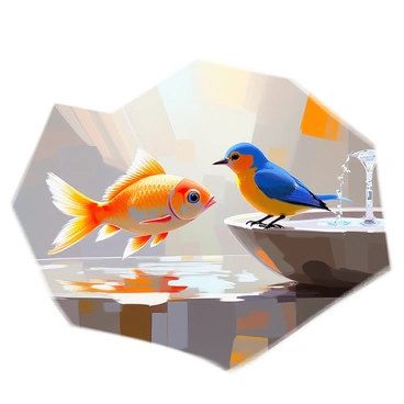 A curious goldfish with bright orange scales and flowing fins swims just beneath the surface of the water. Its wide eyes are filled with wonder as it gazes at a small bluebird perched on the edge of a stone fountain. The bluebird, with vibrant blue feathers and a delicate beak, leans forward as if intrigued by the fish below. Sunlight filters through the water, casting gentle ripples and reflections around them, creating a serene atmosphere of connection between the two creatures.