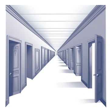 A long, seemingly endless corridor extends into the distance. The walls of the corridor are lined with numerous doors, each with unique designs and textures. Some doors are ornately carved, while others are simple and plain. The floors are smooth and polished, reflecting the shapes of the doors above. Each door appears slightly ajar, hinting at the unknown worlds beyond them. The atmosphere is filled with a sense of mystery and anticipation, as shadows dance along the corridor's length. The ceiling is high and adorned with intricate moldings that add to the grandeur of the space.
