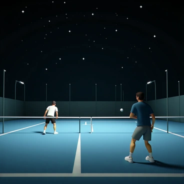 A padel court, featuring a bright blue playing surface and surrounded by tall fencing, is set under a dark starry night sky. The stars twinkle brightly, filling the sky with countless points of light. Two players, one wearing a white shirt and black shorts, and the other in a dark blue shirt and gray shorts, are positioned on opposite sides of the net. Their silhouettes are visible against the glowing backdrop of stars, capturing the moment as they prepare to hit the ball. The atmosphere is tranquil yet dynamic, with the essence of the game evident in their stances.
