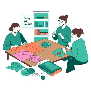 A teal group of knitters is seated around a large wooden table, each focused on their own projects. One knitter, with short brown hair, is carefully crafting a warm blanket made of vibrant orange yarn. Another knitter, wearing glasses, is working on a pink blanket with intricate patterns. Piles of colorful yarn in shades of teal and orange are scattered across the table, alongside several completed blankets stacked neatly. In the background, there is a cozy shelf filled with books and knitting supplies. A small sign on the wall reads "Every stitch counts."