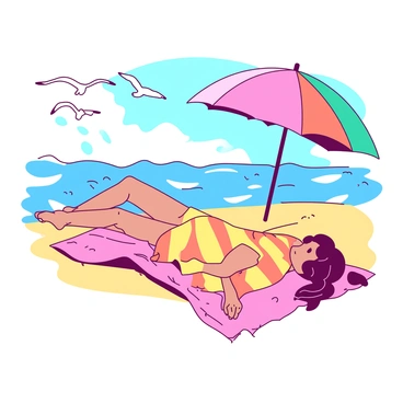 A faceless person lounging on a beach towel under a colorful umbrella with waves crashing nearby.