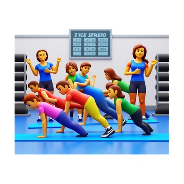 A group of contestants performing knee push-ups in a gym environment. Each contestant displays determination and focus on their face while maintaining proper form. They are wearing colorful athletic wear, and the atmosphere is energetic with each participant cheering for one another. The gym is equipped with various fitness equipment visible in the background, such as weights and exercise mats. A scoreboard in the background shows the progress of the competition.