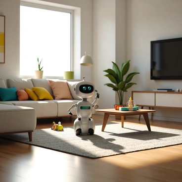 A cute robot pet with a sleek metallic body and large, expressive digital eyes is playing in a modern living room. The robot has an animated tail that wags as it moves. It is surrounded by a plush sofa with colorful throw pillows and a low coffee table made of glass and wood. A large flat-screen TV is mounted on the wall, reflecting the soft light from a stylish lamp in the corner. There are scattered toys on the floor, and a potted plant adds a touch of greenery to the space. Sunlight streams through a window, casting gentle shadows on the floor.