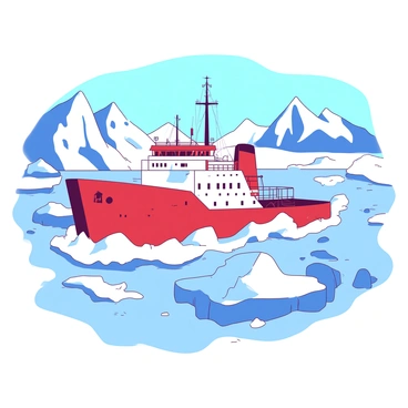 A red icebreaker ship is carving a path through a vast frozen landscape. The ship's hull is partially submerged in icy waters, with chunks of ice breaking apart as it moves forward. Surrounding the ship are large, uneven ice formations, some towering above the water. The sky is a pale blue, contrasting with the bright red of the ship. In the distance, a range of snowy mountains is visible, with a few scattered icebergs floating nearby. The scene captures the stark beauty of the icy environment and the powerful presence of the ship.