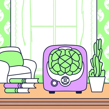 A vintage-style air purifier is positioned prominently on a polished wooden table in a classic room. The air purifier features rounded edges and decorative knobs, showcasing its retro design elements. Surrounding the purifier are a set of classic books stacked neatly, with their spines displaying intricate patterns. A tall green plant is placed beside the air purifier, adding a touch of nature to the scene. The walls of the room are adorned with patterned wallpaper, and a large window allows soft light to filter in, illuminating the cozy atmosphere. A comfortable armchair with a green cushion sits nearby, contributing to the vintage theme.