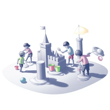 A group of children constructing sandcastles on a sandy beach. They use colorful buckets and shovels to shape the sand into tall towers and intricate walls. Some kids are engaged in beach games, like tossing a frisbee or playing catch with a ball. The sun shines brightly overhead, creating sharp shadows on the sand. In the background, there are scattered beach towels and sun umbrellas, adding to the lively atmosphere of the beach scene.