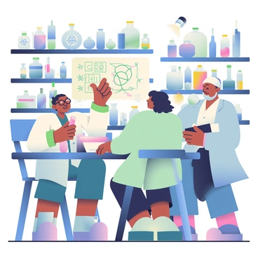 A group of three scientists in a dimly lit laboratory are gathered around a table covered with various scientific instruments and papers. One scientist, a man with glasses and a lab coat, is holding a small vial while examining it closely. The second scientist, a woman with short curly hair, is pointing at a chart on the wall that illustrates atomic structures. The third scientist, an older man with a beard, is taking notes in a leather-bound notebook. Flickering lamps cast shadows on the wooden shelves filled with glass bottles and equipment, creating a sense of urgency and discovery in the atmosphere.