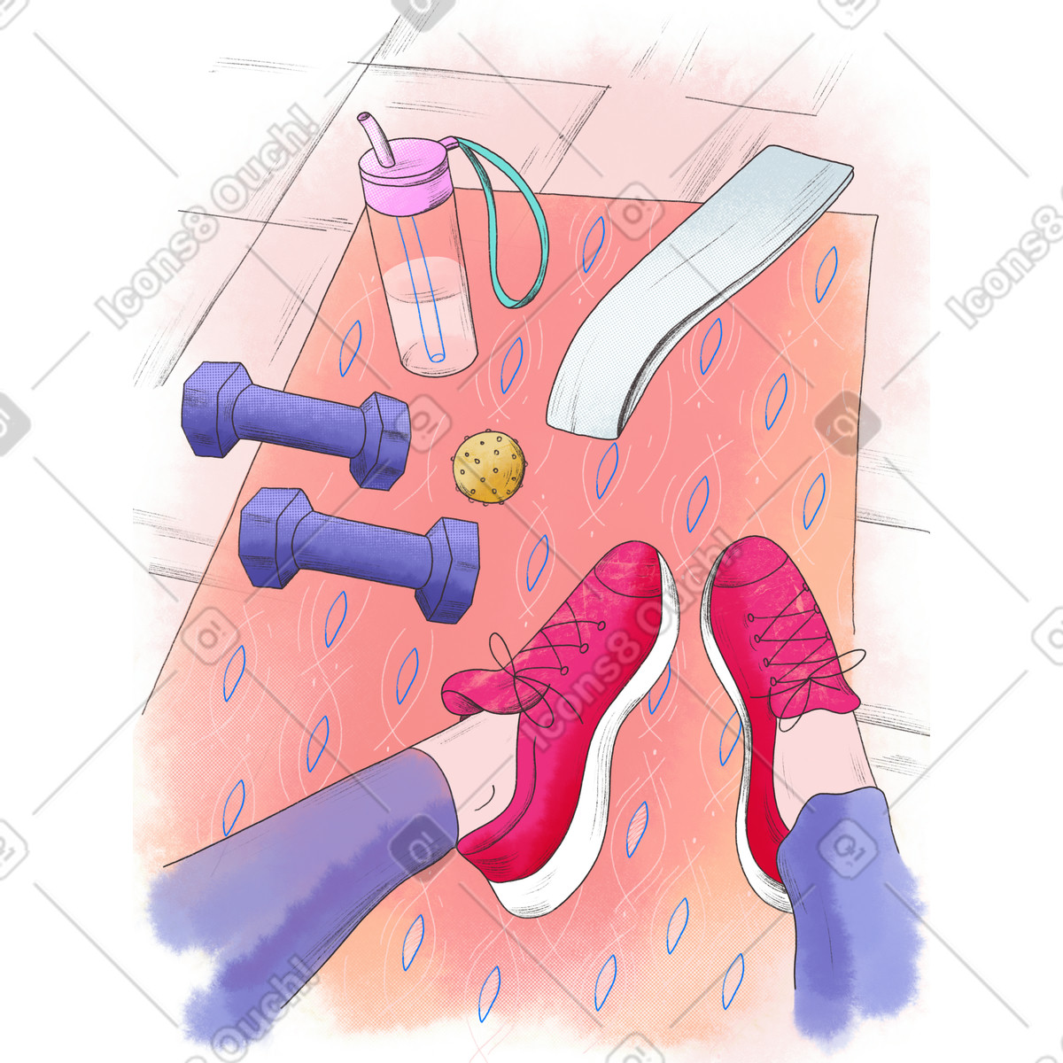 Ilustração de Praticar exercícios no colchonete com equipamentos esportivos em estilo Moments para baixar em PNG, SVG