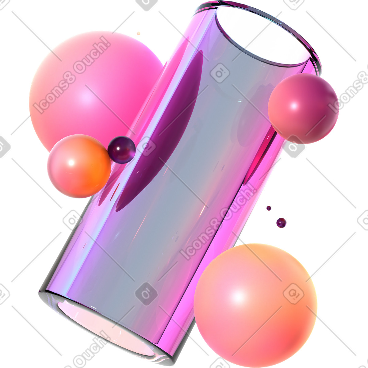 Ilustración Tubo de vidrio iridiscente con orbes levitantes en estilo 3D Glassy a descargar en PNG y SVG