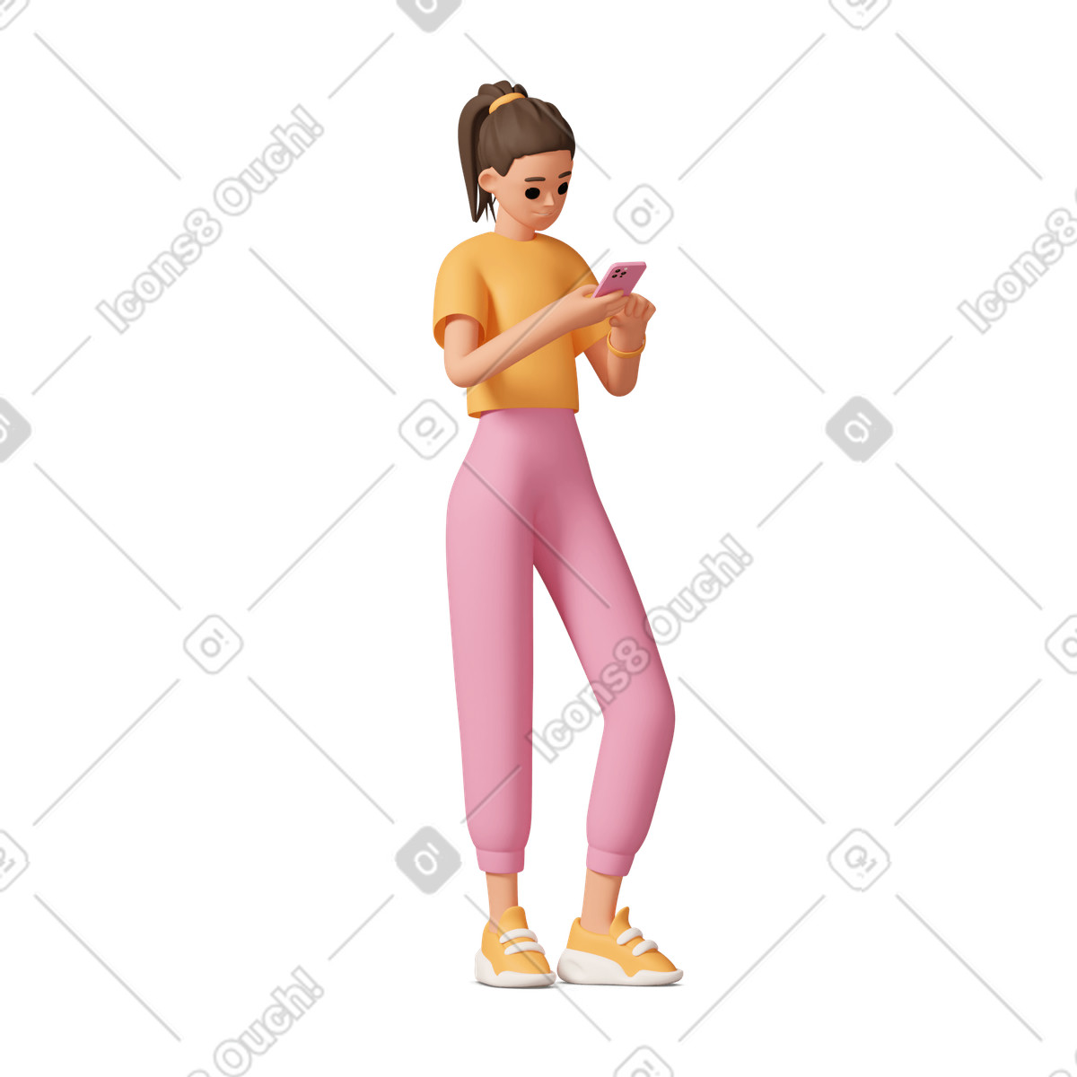 3D Casual life スタイルの Young woman looking at phone screen のイラストをPNG、SVG形式でダウンロード