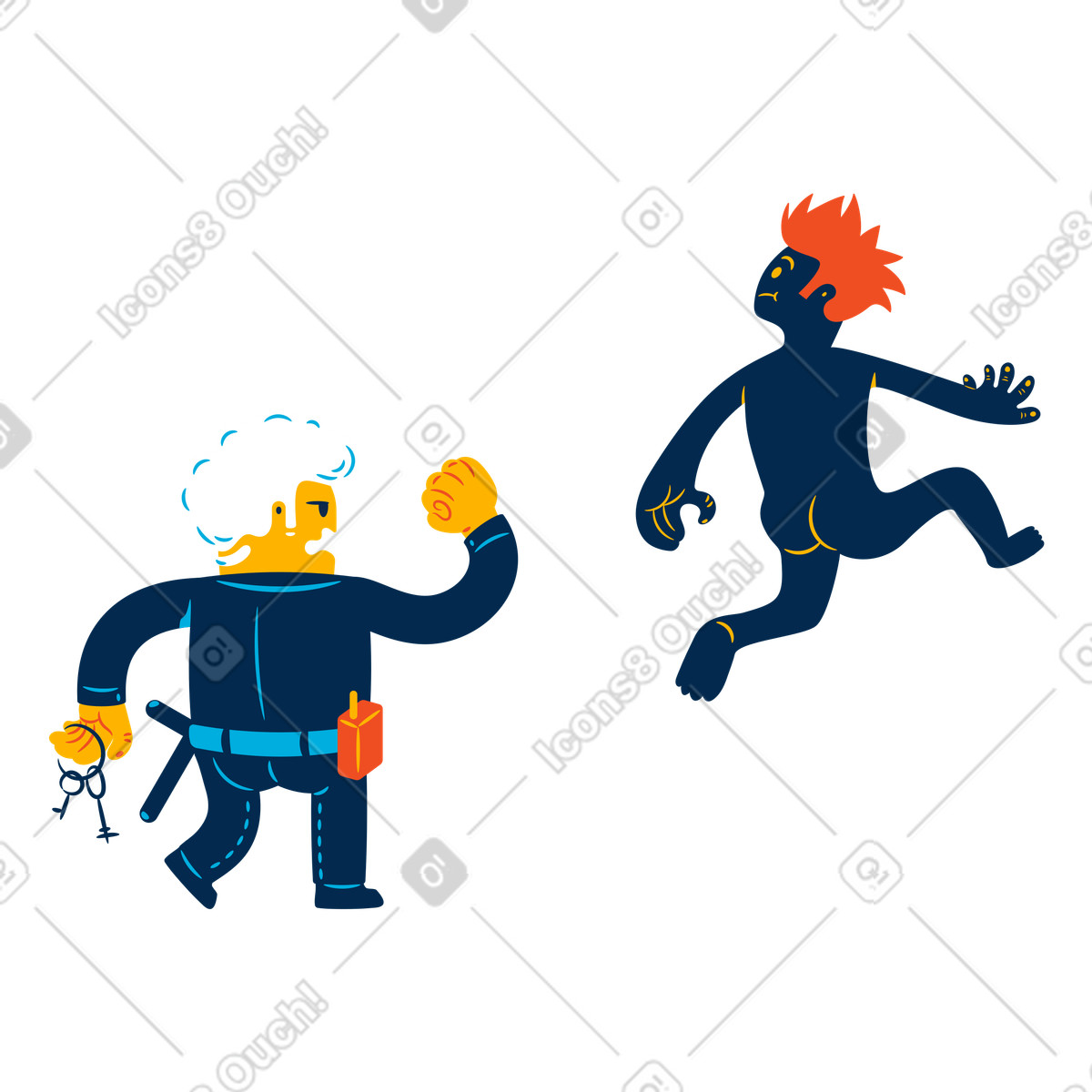 Officer chasing fleeing thief, Security and public safety concept illustrazione in stile Flame scarica in PNG, SVG