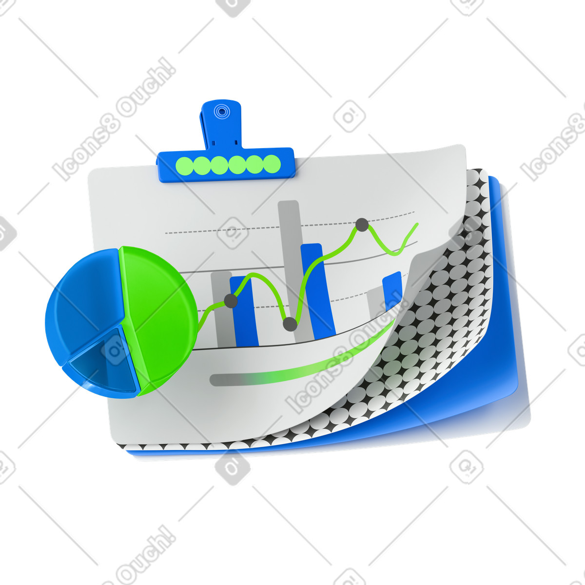 Illustration animée Presse-papiers de rapport graphique avec à barres et tendance la ligne ascendante dans le style 3D Stickle télécharger aux formats GIF, Lottie (JSON), AE