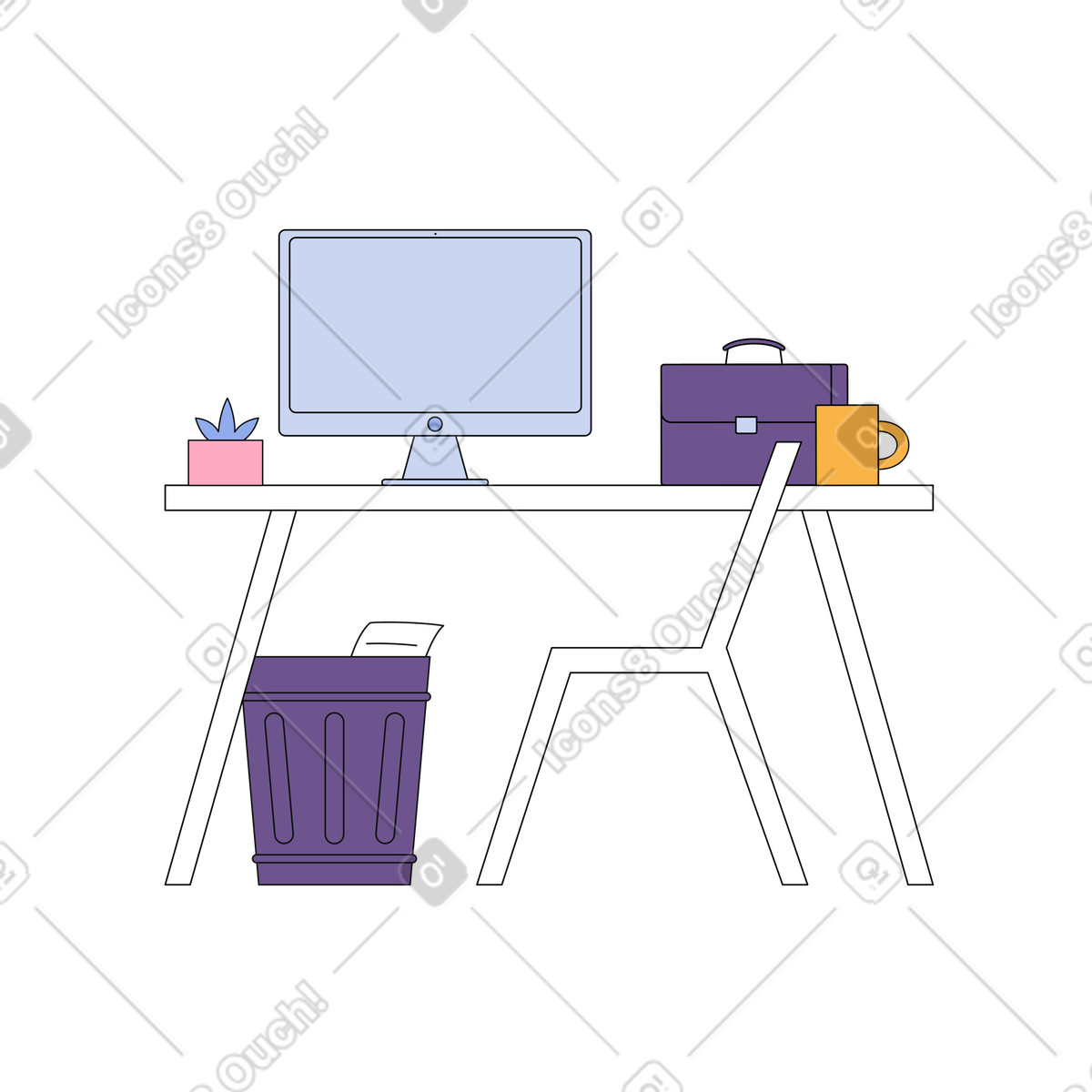 Office workspace: desk with computer and briefcase illustration in PNG, SVG