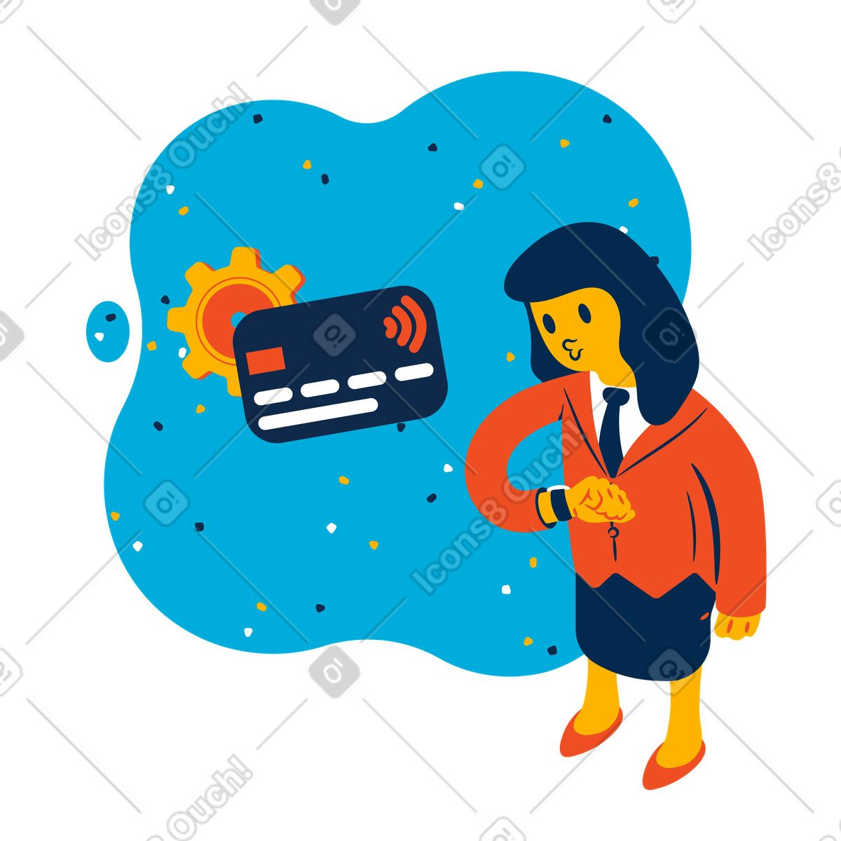 Ilustração de Businesswoman reviewing payment status, confirmation and digital transactions em no estilo Flame para baixar em PNG, SVG