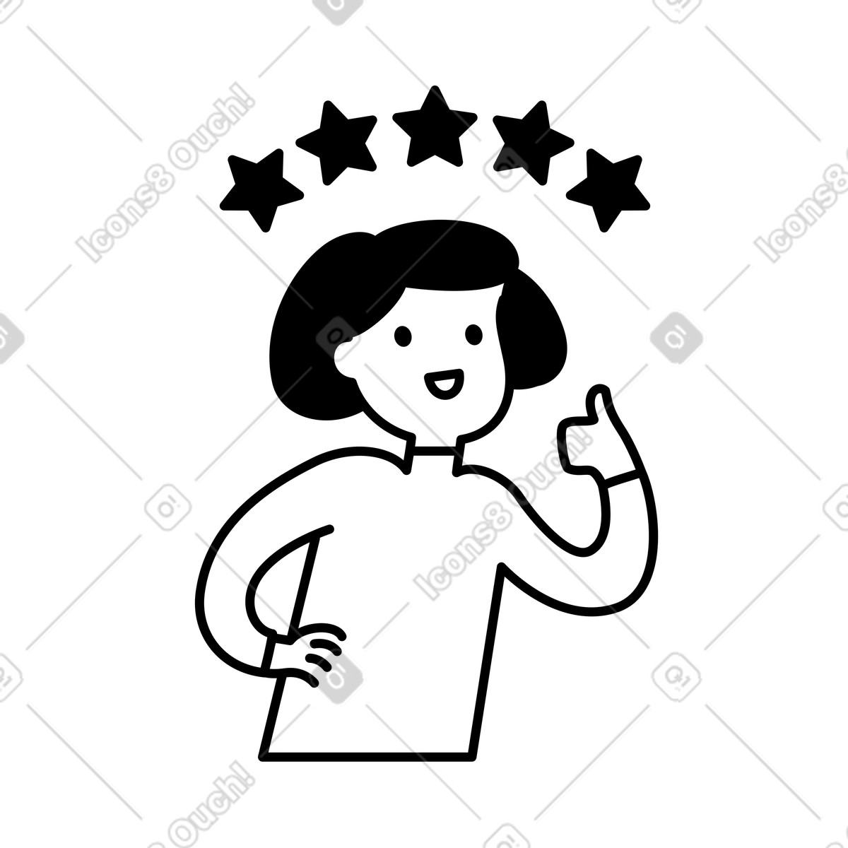 Customer feedback character with thumbs up and five stars above-Illustration im Notion Line Art-Stil als Download in PNG, SVG