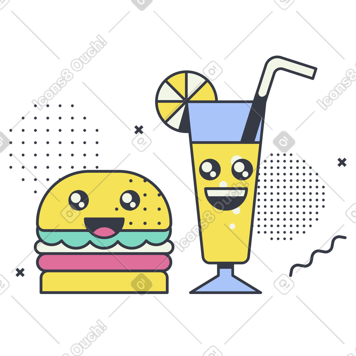 Cute burger and lemonade glass with straw, Kids menu or playful meal illustration in Abstract style download in PNG, SVG