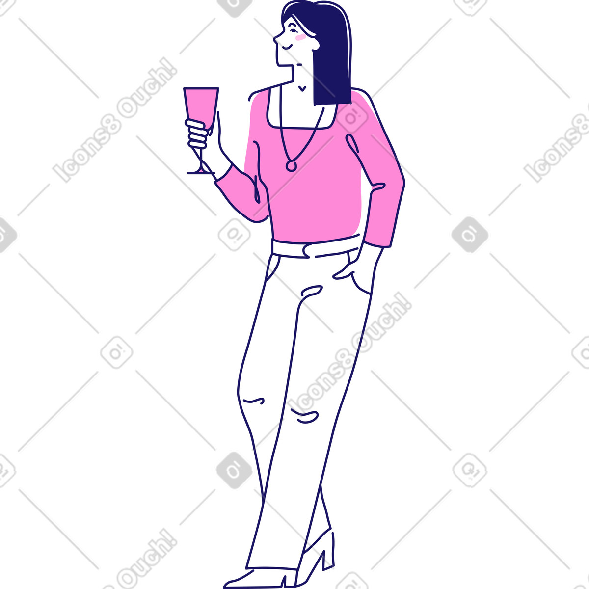Donna in maniche lunghe e pantaloni con un bicchiere di champagne mano illustrazione stile Matey scarica PNG, SVG