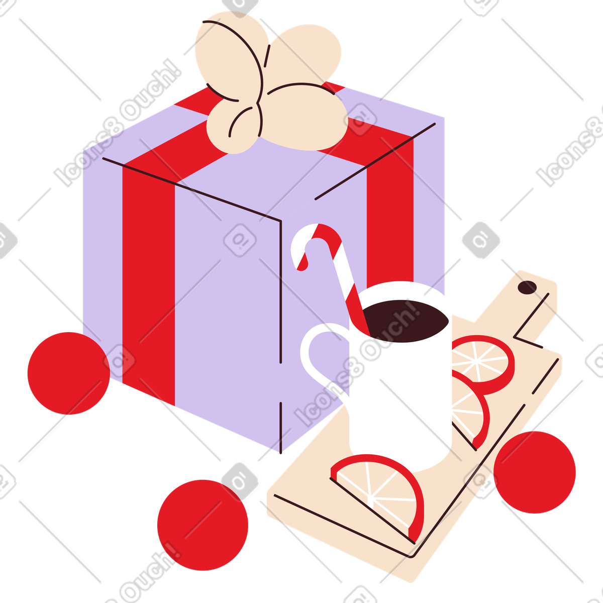 Present with festive drink and candy cane, Christmas treats gift-giving illustrazione in stile Folks scarica in PNG, SVG