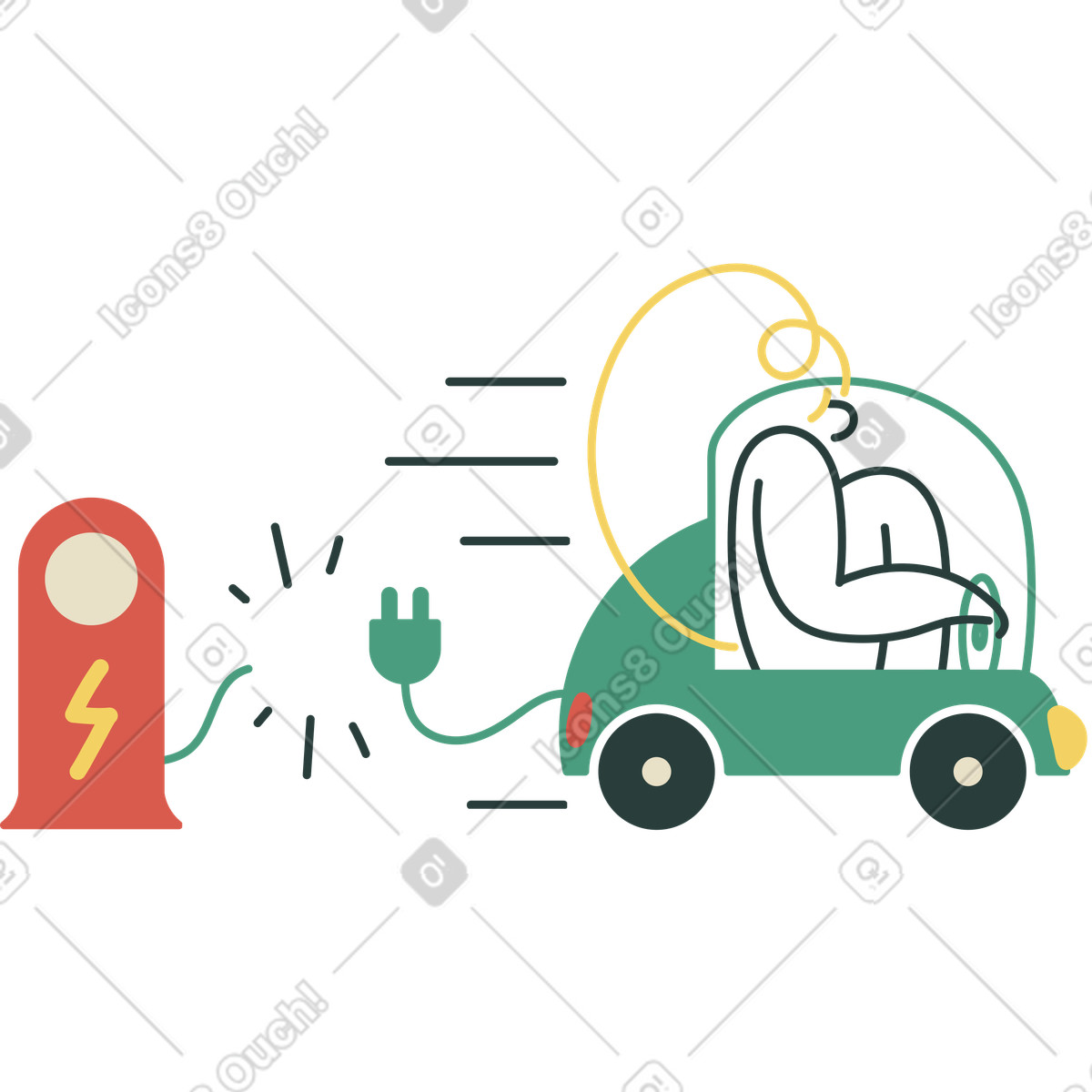 Driver in compact electric car near charging station, Eco transportation and vehicle illustration Macaroni style download PNG, SVG