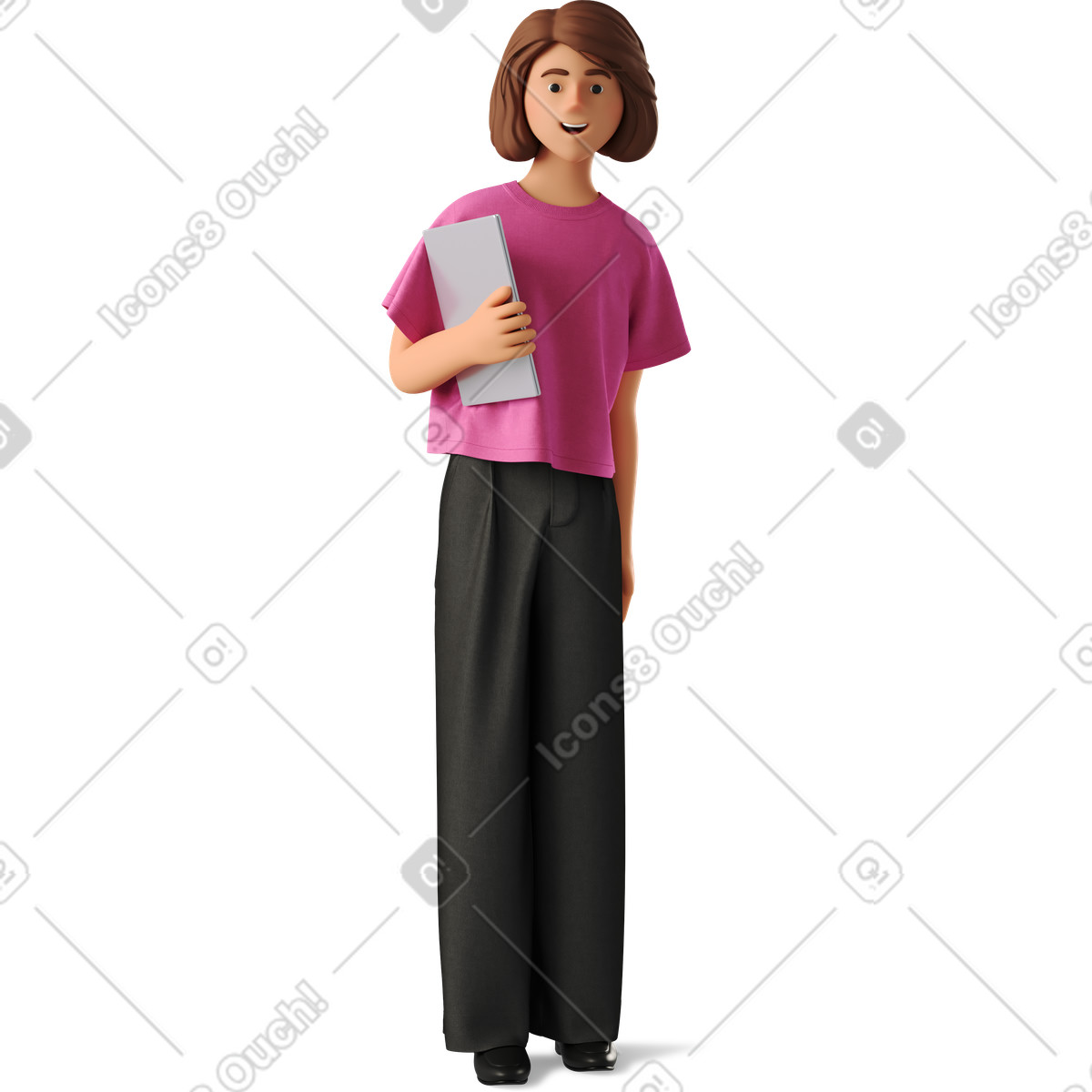 Ilustração de Young woman standing with laptop and smiling em no estilo 3D Business para baixar em PNG, SVG