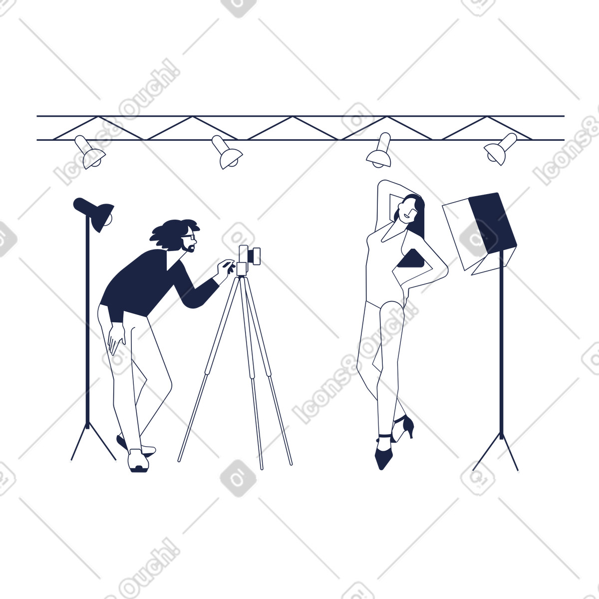 Fotograf beim fotoshooting mit einem model-Illustration im Urban Line-Stil als Download in PNG, SVG