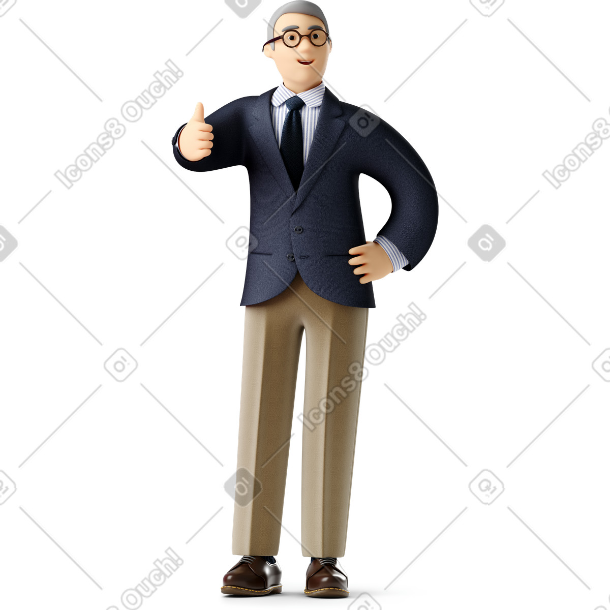 Ilustración Viejo hombre de negocios con gafas pie dando pulgares hacia arriba en estilo 3D Business a descargar en PNG y SVG