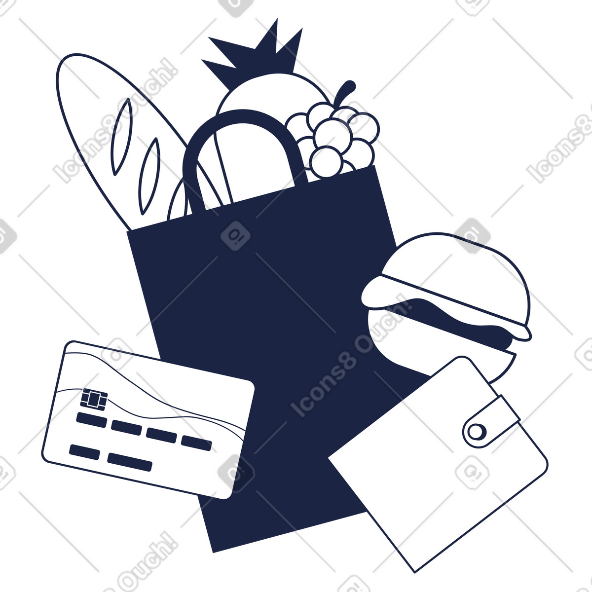 Urban Line 스타일의 Grocery delivery bag with food items, Online shopping convenience 일러스트레이션 PNG, SVG 다운로드