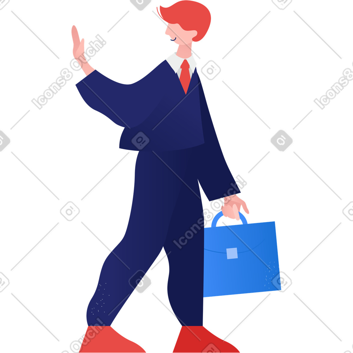 Man waves and goes to work in a suit with suitcase illustration Clip style download PNG, SVG