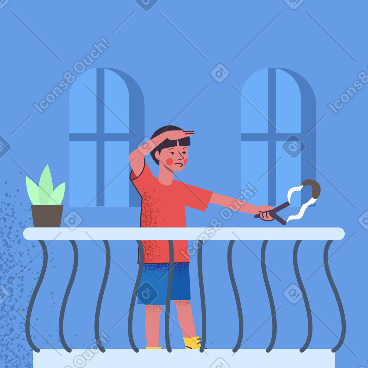 Boy is playing on the balcony illustration in Pale style download in PNG, SVG