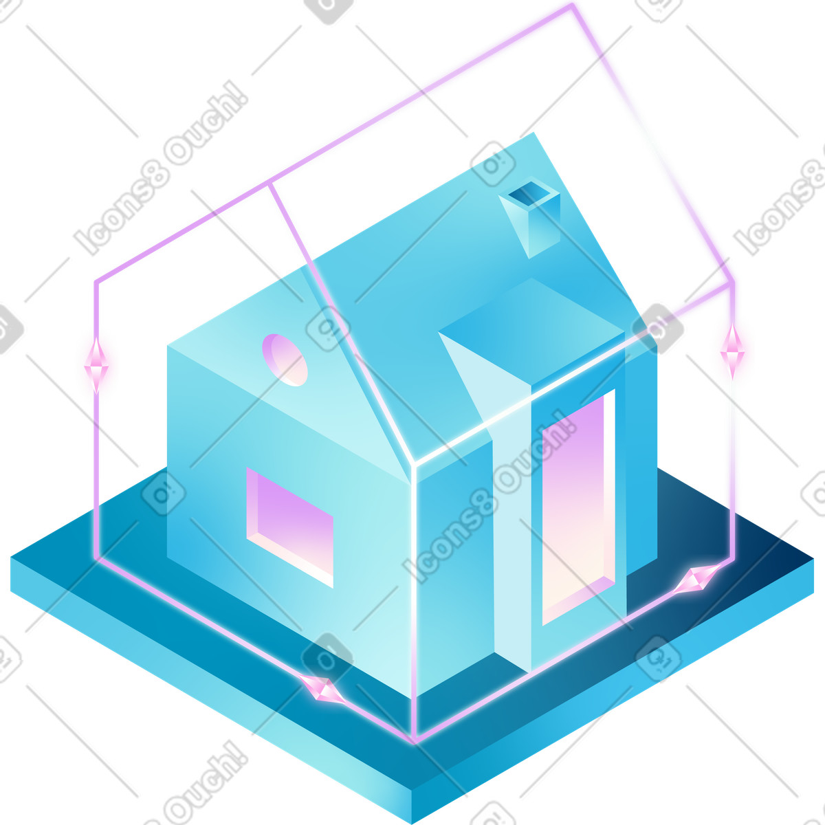 Casa isometrica con linee rosa e cristalli illustrazione in stile Glare scarica in PNG, SVG