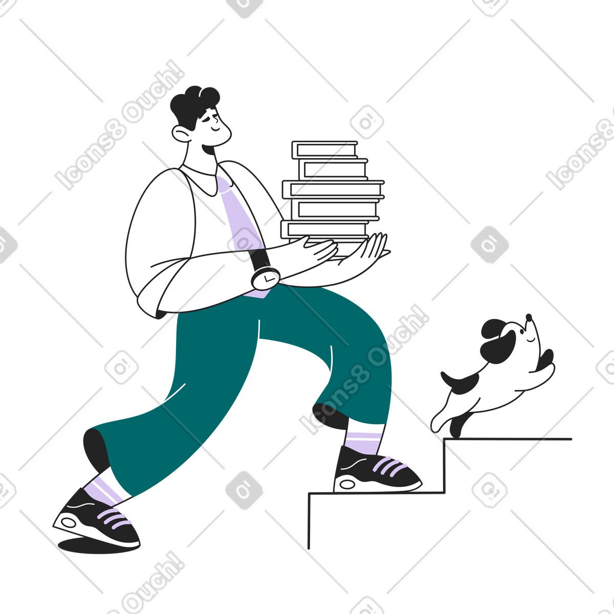 Lo studente corre con una pila di libri e un cane illustrazione in stile Sammy Line scarica in PNG, SVG