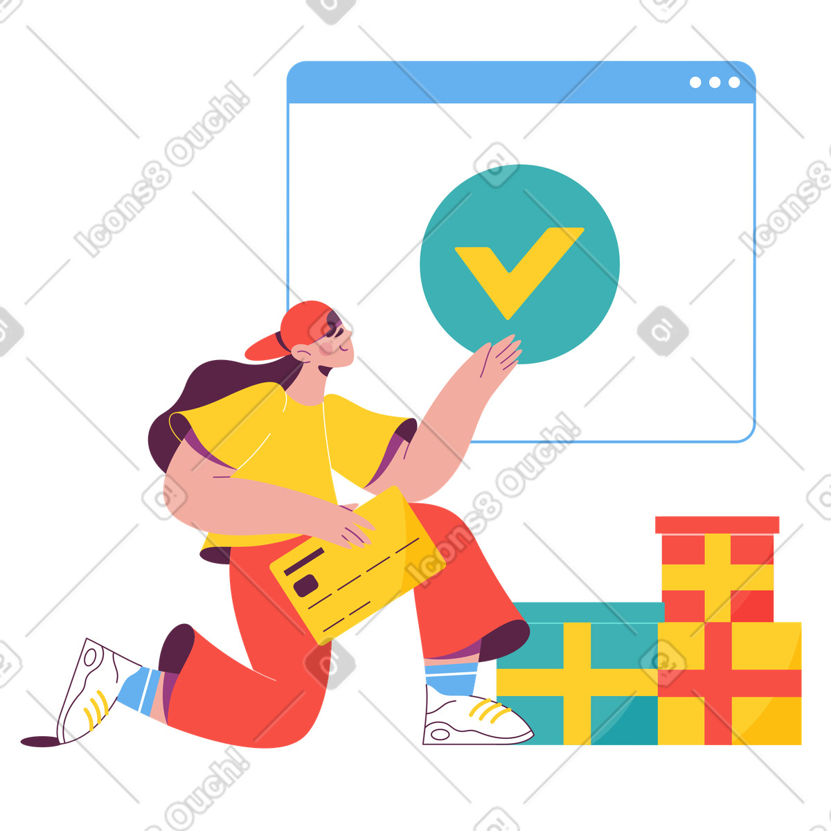 Ilustración User confirming order on screen, Internet retail and trusted transactions en estilo Sammy a descargar en PNG y SVG