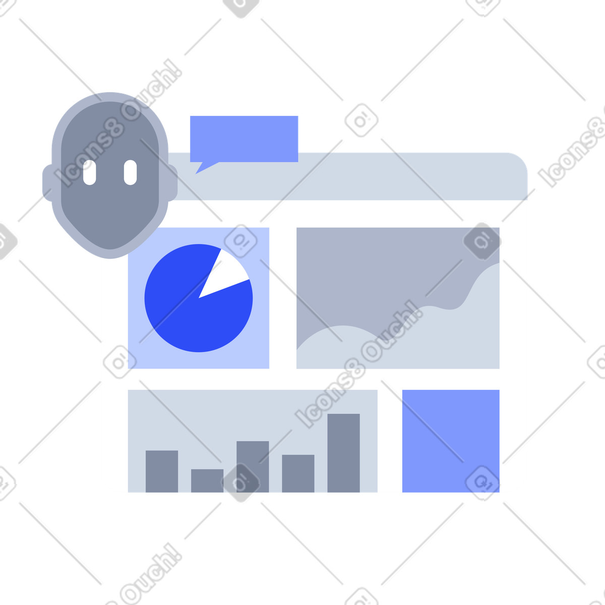 AI bot with analytics dashboard widgets, business reporting and performance monitoring illustration in System style download in PNG, SVG