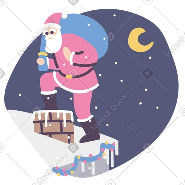 Santa Claus with a bag of presents on the roof by the chimney on Christmas Eve PNG, SVG