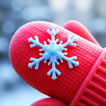 A detailed close-up of a single snowflake resting on a red mitten. The snowflake showcases intricate crystalline patterns with delicate branches extending outward. The texture of the mitten is visible, with soft, knitted fibers surrounding the snowflake. The background features a soft blur of winter colors, emphasizing the sharp clarity of the snowflake against the mitten. The light catches the facets of the snowflake, creating a sparkling effect.