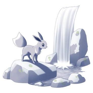 An Eevee perched on a large rock, with its ears perked up and tail curled around its body. The rock is textured and rugged, contrasting with the smooth, flowing water of the waterfall cascading down in the background. The Eevee looks attentively at the water, capturing the moment of stillness. The waterfall's mist creates a light spray that gently surrounds the area, enhancing the natural setting. The rocks surrounding the waterfall are uneven and covered with patches of moss, adding to the wild landscape.